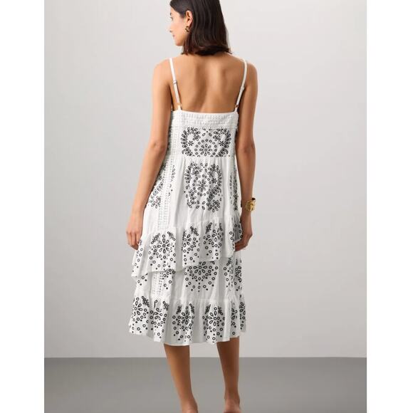 Marissa‎ Webb Dress Womens 4 White Black Eyelet Embroidered Midi Ruffle Cotton - Picture 3 of 12